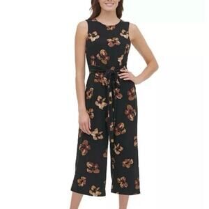 Tommy Hilfiger Black Tan Floral Sleeveless Tie Waist Cropped Jumpsuit Women 8